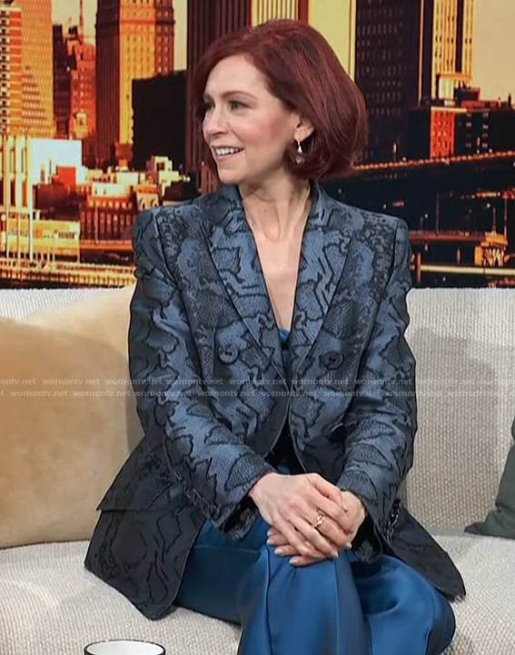 Carrie Preston’s blue metallic double breasted blazer on Access Hollywood