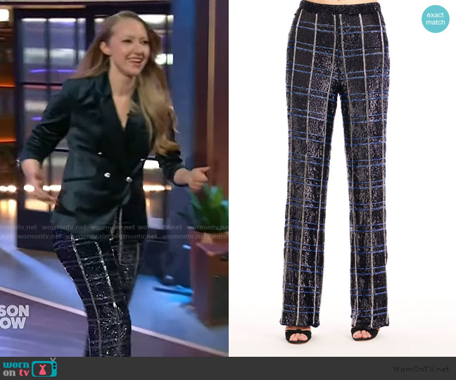 Emily Shalant Navy Plaid Sequin and Beaded Pants worn by Natasha Hodgson on The Kelly Clarkson Show