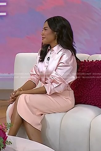 Emma Grede’s pink satin shirt and skirt on Today