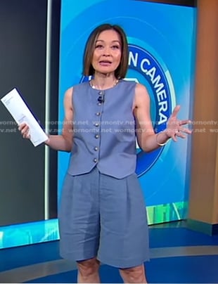Eva’s blue vest and shorts on Good Morning America