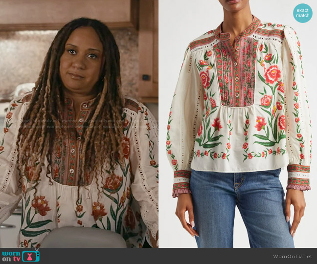 Farm Rio Ainika Floral Embroidered Shirt worn by Karen Wilson (Tracie Thoms) on 9-1-1