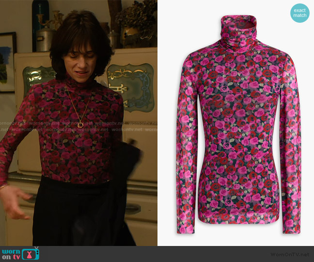 Ganni Floral-print stretch-mesh turtleneck top worn by Genevieve Lavigne (Charlotte Gainsbourg) on Etoile