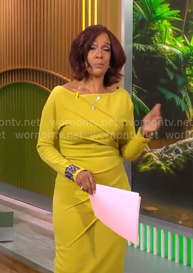 Gayle King’s chartreuse long sleeve dress on CBS Mornings