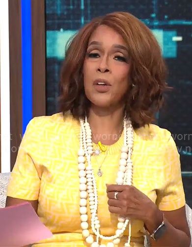 Gayle King’s yellow monogram print dress on CBS Mornings