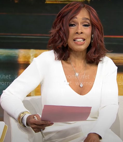 Gayle King’s white rib knit dress on CBS Mornings