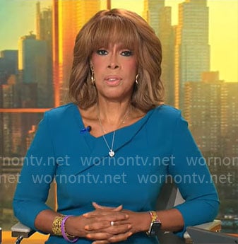 Gayle’s teal blue asymmetric v-neck dress on CBS This Morning