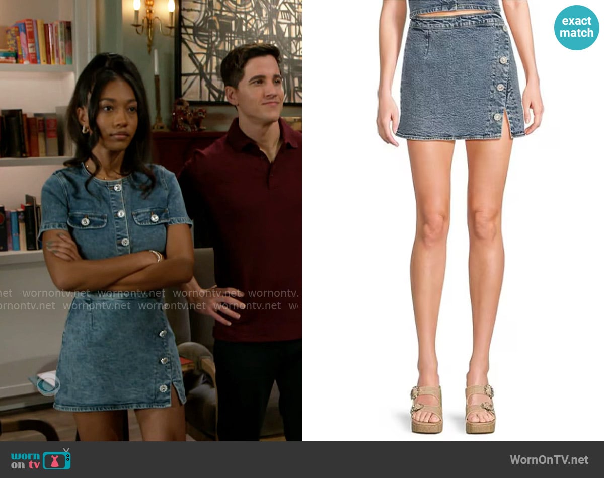 GB Coordinating Denim Mini Skirt in Dark Blue worn by Samantha Richardson (Najah Jackson) on Beyond the Gates