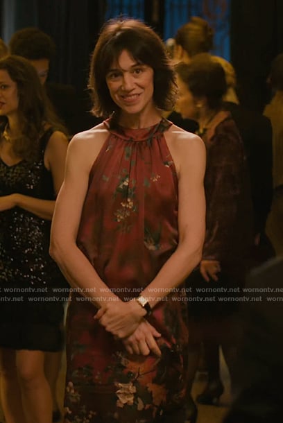Genevieve’s burgundy floral sleeveless dress on Etoile