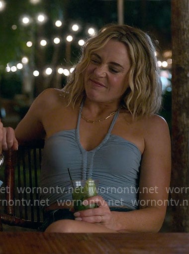 Ginny’s blue ruched halter top on The Four Seasons