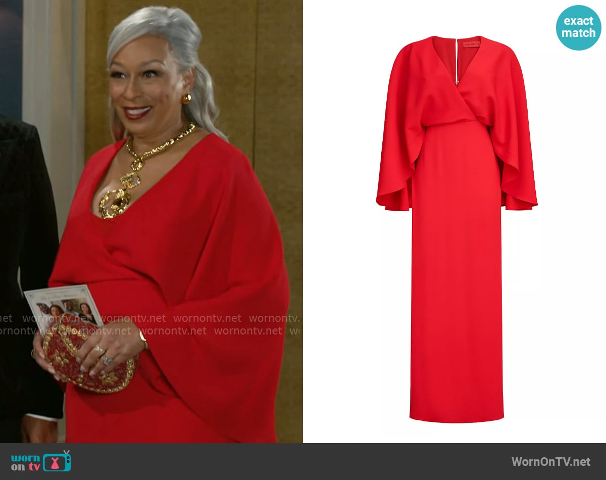 Halston Olaya Fluid Crepe Gown worn by Anita Dupree (Tamara Tunie) on Beyond the Gates