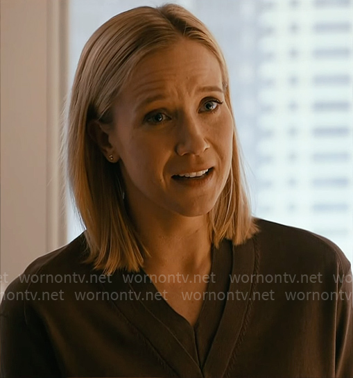 Hannah’s brown v-neck sweater on Chicago Med