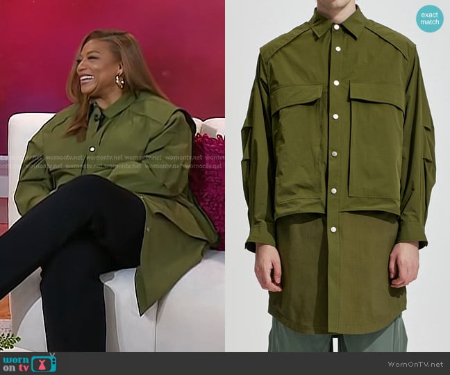 Harrison Wong Long Shirt Jacket Contrast With Perforated Nylon Green worn by Queen Latifah on Today