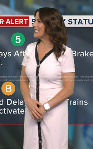 Heather’s white contrast trim v-neck dress on Good Morning America