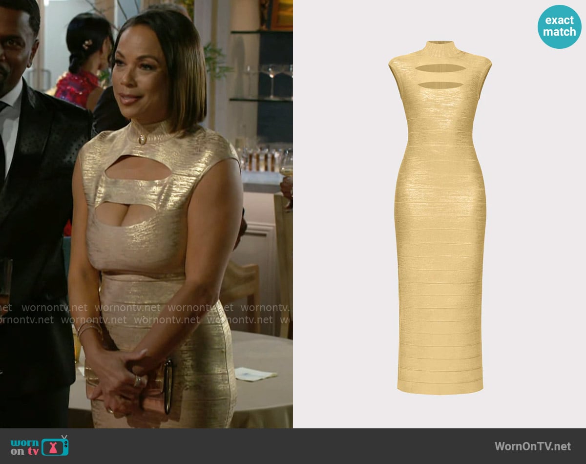 Herve Leger Foil Cap Sleeve Cut-Out Gown worn by Nicole Dupree Richardson (Daphnee Duplaix) on Beyond the Gates