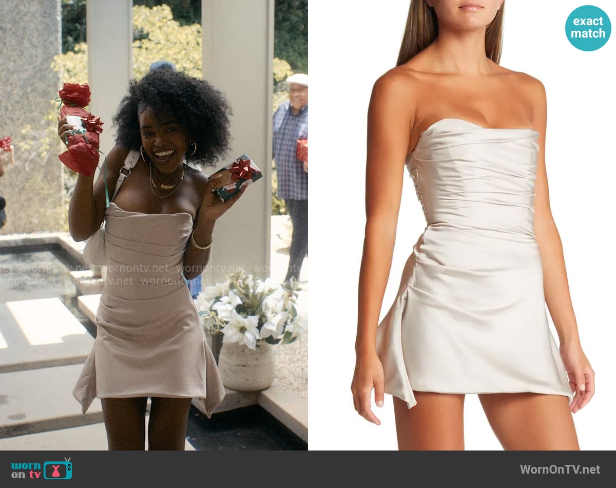 House of CB Jasmine Strapless Satin Corset Dress in Oyster worn by Keisha Clark (Lovie Simone) on Forever