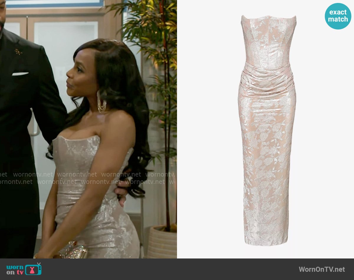 House of CB Persephone Dress in Gold worn by Hayley Lawson (Marquita Goings) on Beyond the Gates