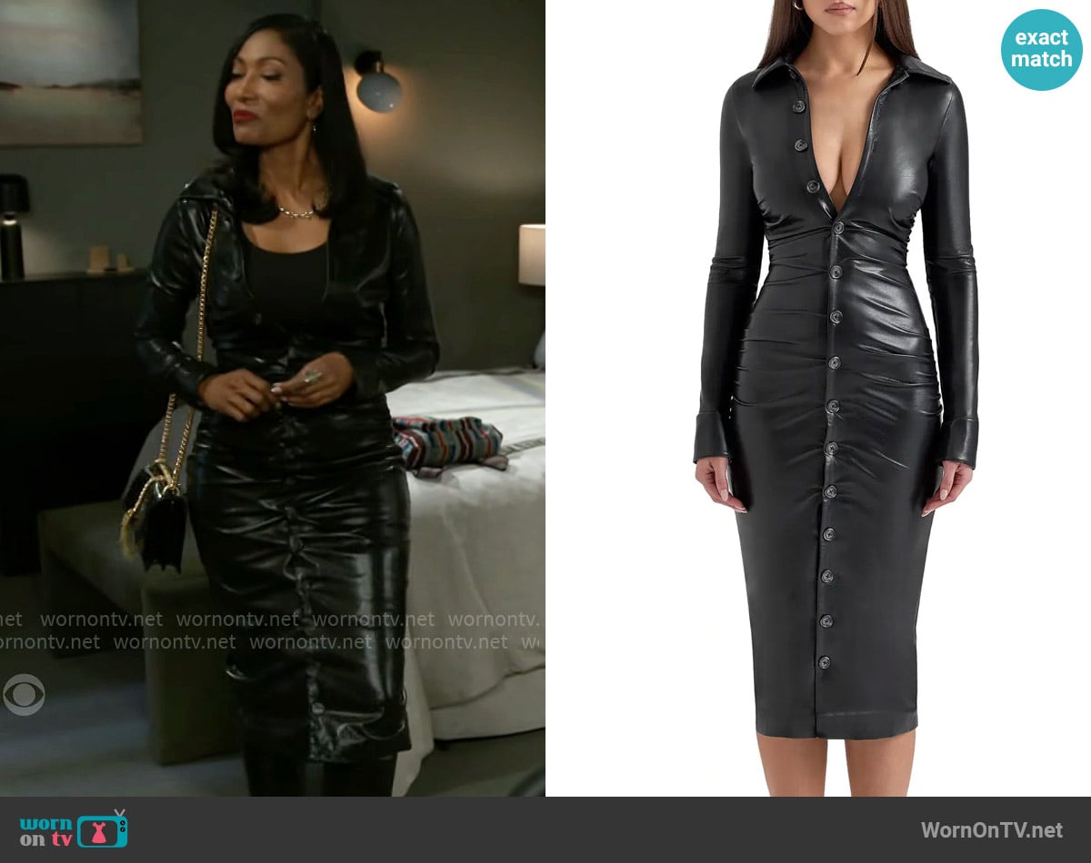 House of CB Viola Long Sleeve Faux Leather Midi Dress worn by Dana 'Leslie' Thomas (Trisha Mann-Grant) on Beyond the Gates
