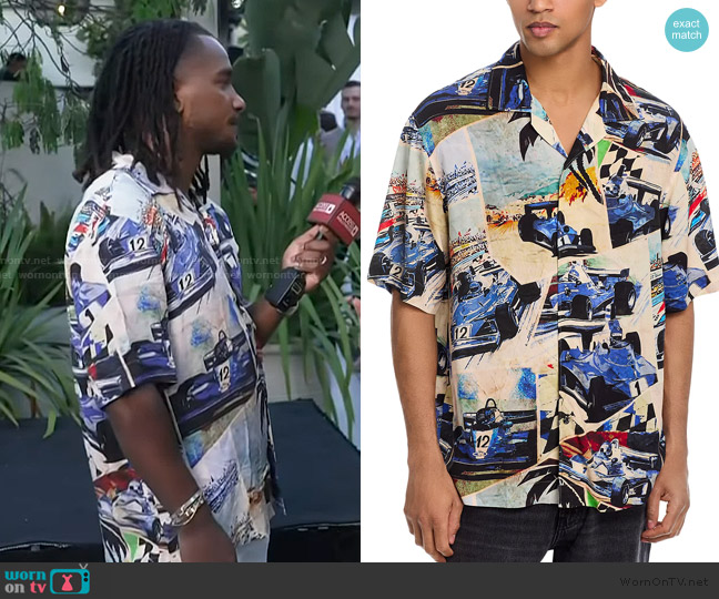 Hugo Espino Race Car Print Camp Shirt worn by Scott Evans on Access Hollywood