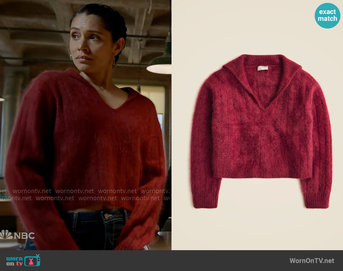 J. Crew Brushed cashmere sailor-collar sweater in Burgundy worn by Stella Kidd (Miranda Rae Mayo) on Chicago Fire