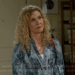 Jan’s blue printed blouse on Beyond the Gates