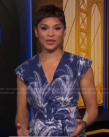 Jericka’s navy palm tree print dress on CBS Evening News