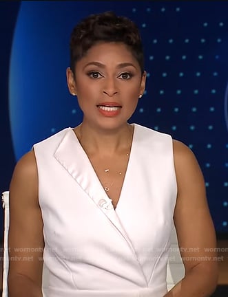 Jericka’s white sleeveless surplice dress on CBS Evening News