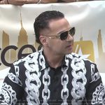 Michael Paul Sorrentino’s black chain print shirt on Access Hollywood