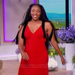 Jessica Williams red dress with contrast bows on The Jennifer Hudson Show