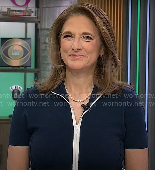 Jill Schlesinger’s navy zip front dress on CBS Mornings