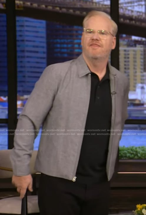 Jim Gaffigan’s gray zip front jacket on Live with Kelly and Mark