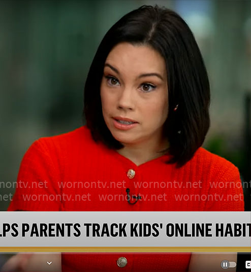 Jo Ling Kent’s red short sleeve cardigan on CBS Mornings