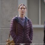 Jule’s purple quilted puffer coat and crossbody batg on Greys Anatomy