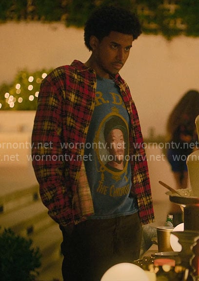 Justin’s Dr Dre t-shirt and red flannel shirt on Forever