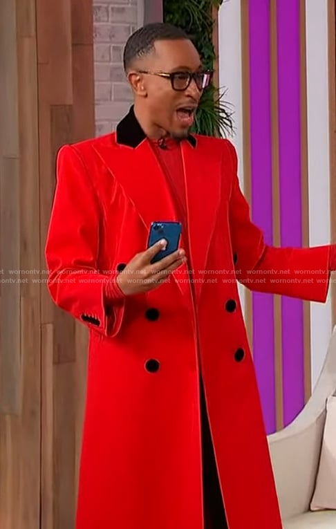 Kalen Allen’s red double breasted coat on Sherri