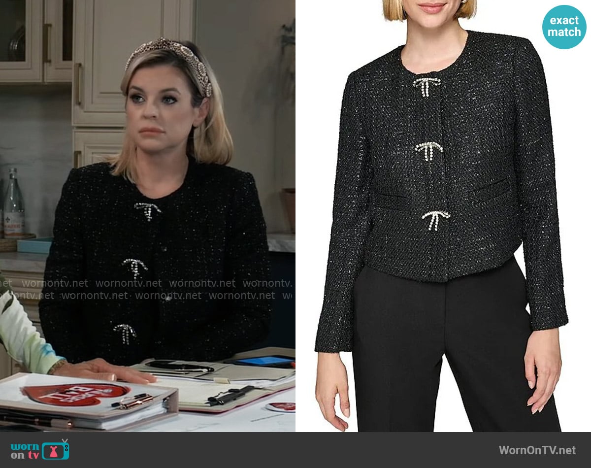 Karl Lagerfeld Paris Tweed Crystal Bow Scoop Neck Long Sleeve Cropped Jacket worn by Maxie Jones (Kirsten Storms) on General Hospital