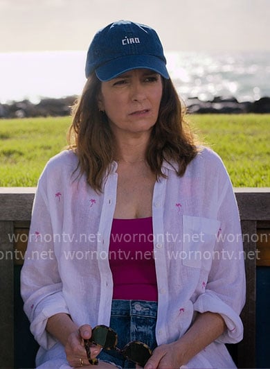 Kate’s pink palm tree embroidered shirt and Ciao hat on The Four Seasons