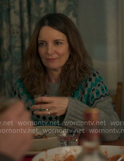Kate’s grey and green printed sweater on The Four Seasons