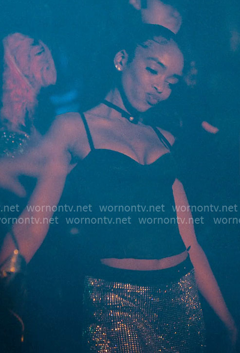 Keisha’s black bustier top and embellished mini skirt on Forever