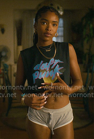 Keisha’s Daft Punk top and grey shorts on Forever