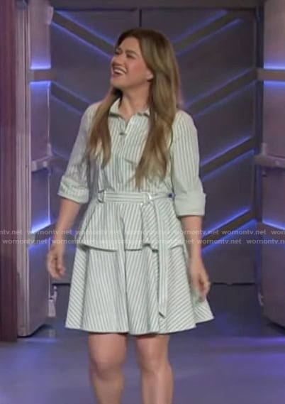 Kelly’s striped belted mini dress on The Kelly Clarkson Show