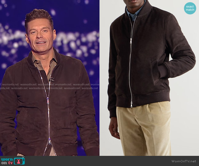 Kingsman Suede Bomber Jacket in Dark brown worn by Ryan Seacrest on American Idol