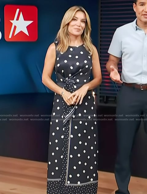 Kit’s navy mixed polka dot print belted dress on Access Hollywood