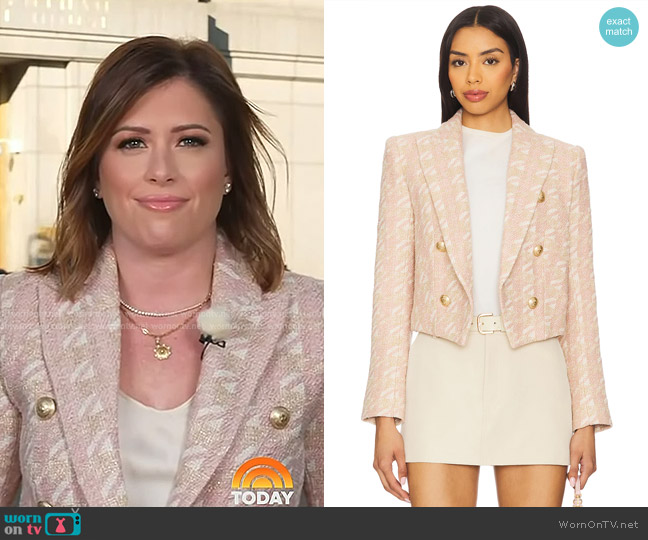 L'Agence Lila Boxy Blazer in Ecru, Pink, & Gold Houndstooth worn by Chloe Melas on Today