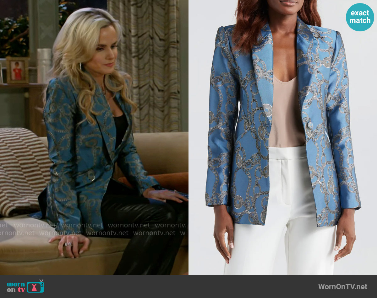 L'Agence Sheila Blazer in Blue Horizon/ Silver Good Luck worn by Vanessa McBride (Lauren Buglioli) on Beyond the Gates