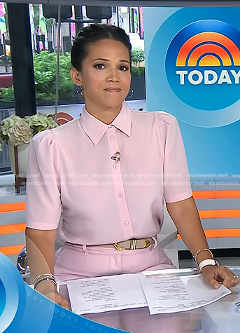 Laura’s pink short sleeve blouse and flare pants on Today