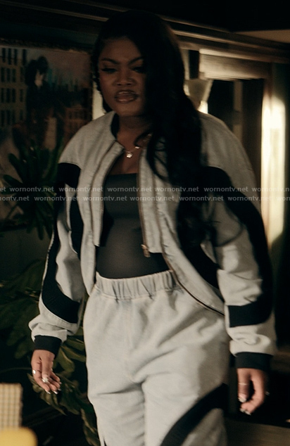 Lynae’s gray contrast track jacket and pants on The Chi