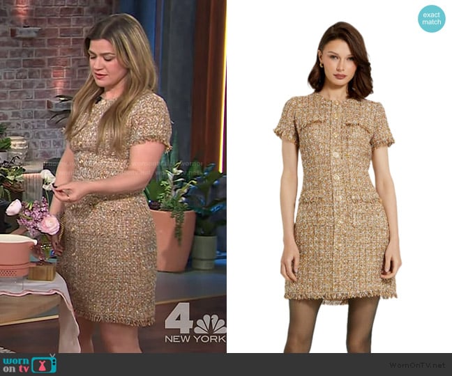 Mac Duggal Boucle Short Sleeve Button Down Mini Dress With Pockets worn by Kelly Clarkson on The Kelly Clarkson Show