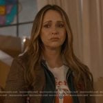 Maddie’s graphic print tee and brown plaid blazer on 9-1-1