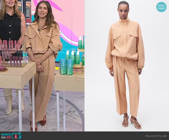 Mango Oversized Lyocell Jacket with Pockets in Nude worn by Melissa Garcia on Today