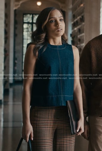 May’s sleeveless denim top and brown plaid pants on 9-1-1